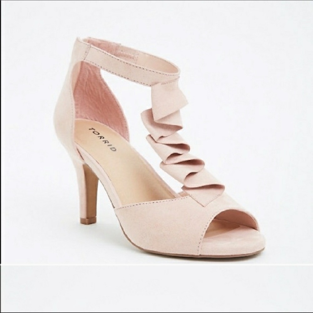Torrid Pink Blush Ruffle Suede T-Strap Sandal Heel